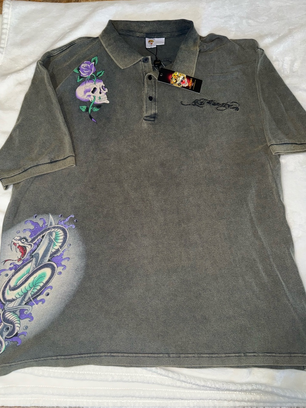 Ed Hardy vintage Gray Polo with Purple Skull & Snake Graphics